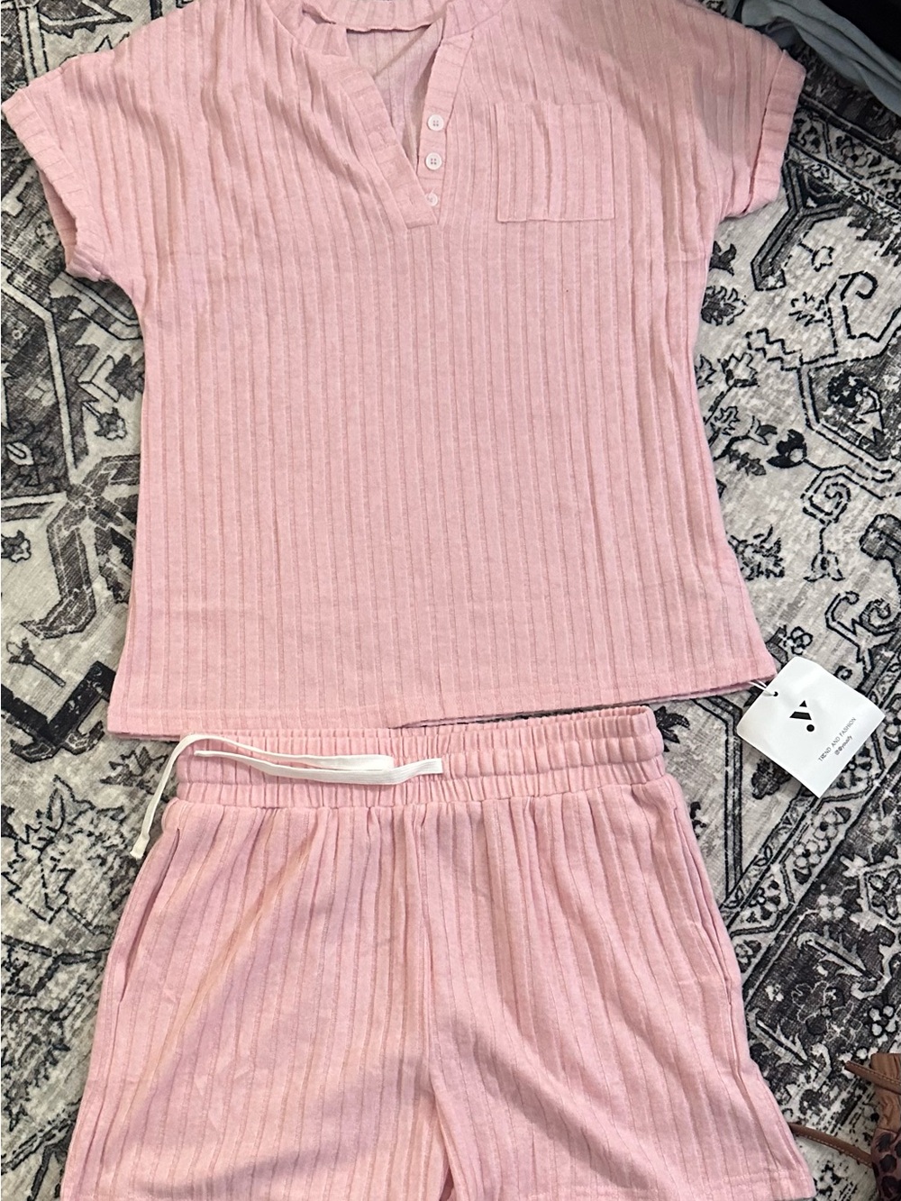Ribbed Short Sleeve Pink Lounge Set — Women's Cozy Two-Piece
